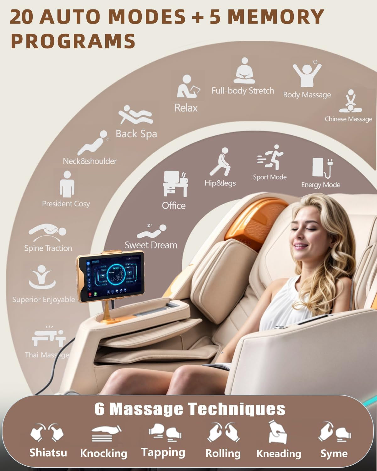 Massage Chair Full Body, 4D Zero Gravity Massage Chairs, 20 Auto Modes, 11 Massage Technique, 40 Airbags Shiatsu Massage, APP Control with Hifi Bluetooth Speaker Beige